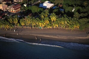 Una playa con palmeras y algunas personas caminando.