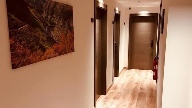 A hallway with wooden flooring, a painting on the wall, and a door at the end.