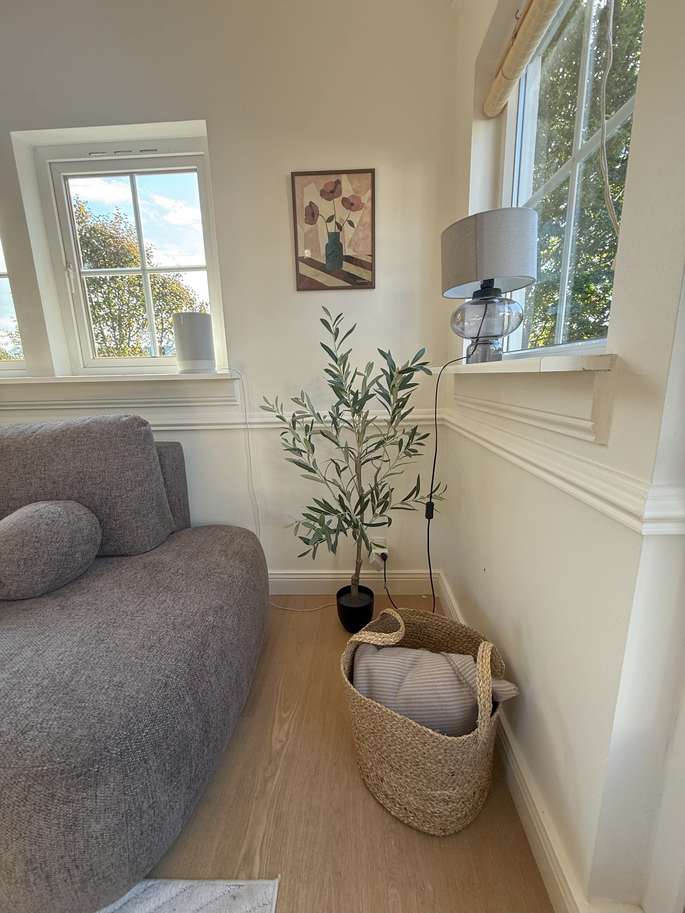A room with a grey sofa, a potted plant, a woven basket, and a lamp on a windowsill.