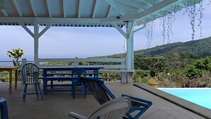 A covered outdoor seating area with a pool, chairs, and a table.