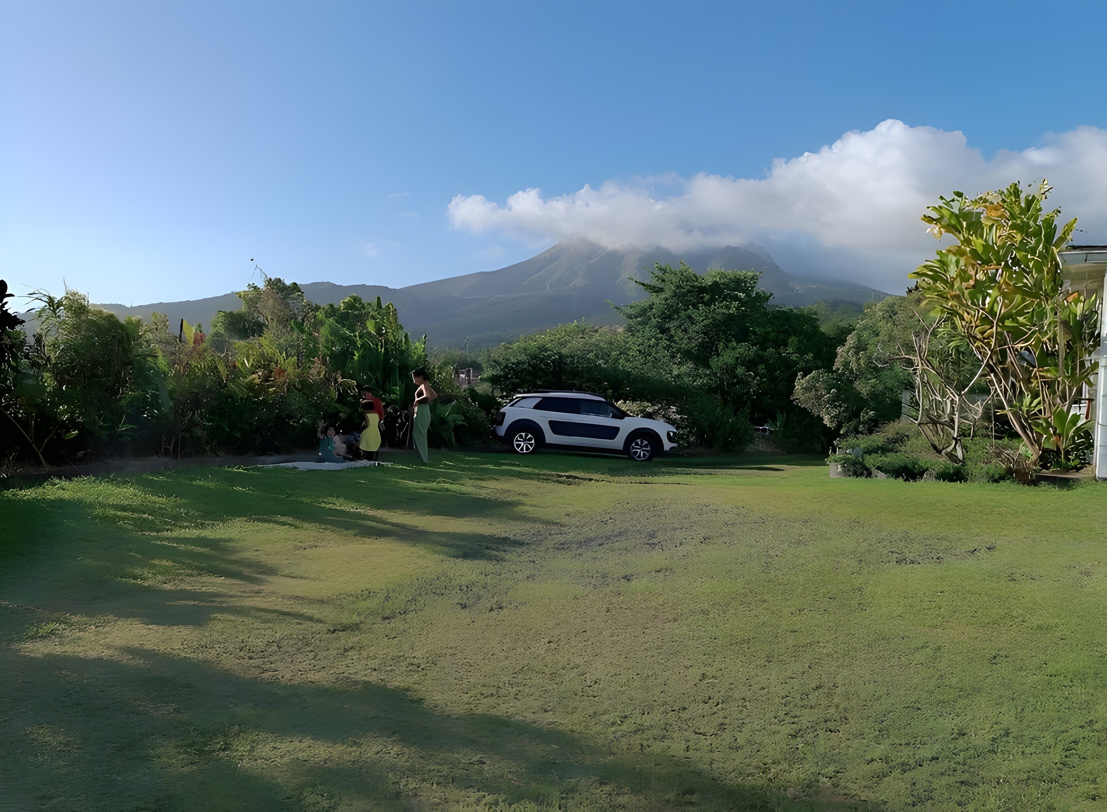 A grassy area with a white car parked, surrounded by trees and a mountain in the background.
