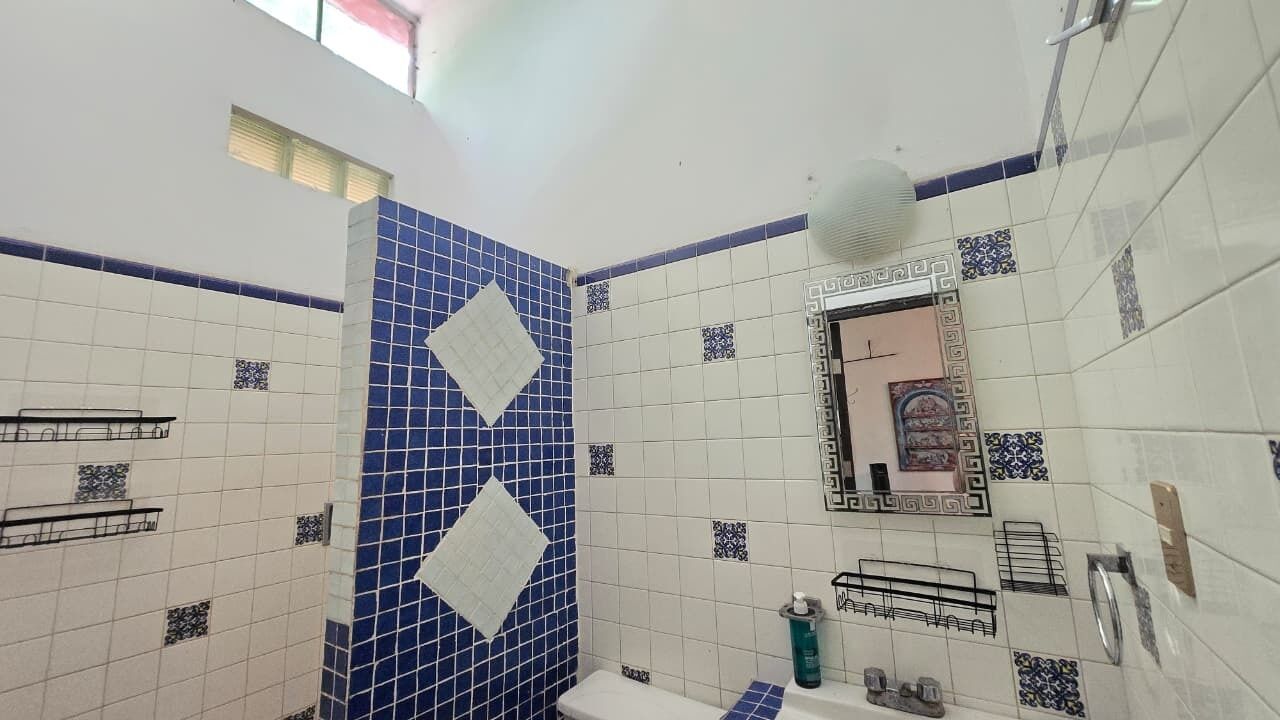 Un baño con azulejos azules y blancos, un espejo, un inodoro y un lavabo.