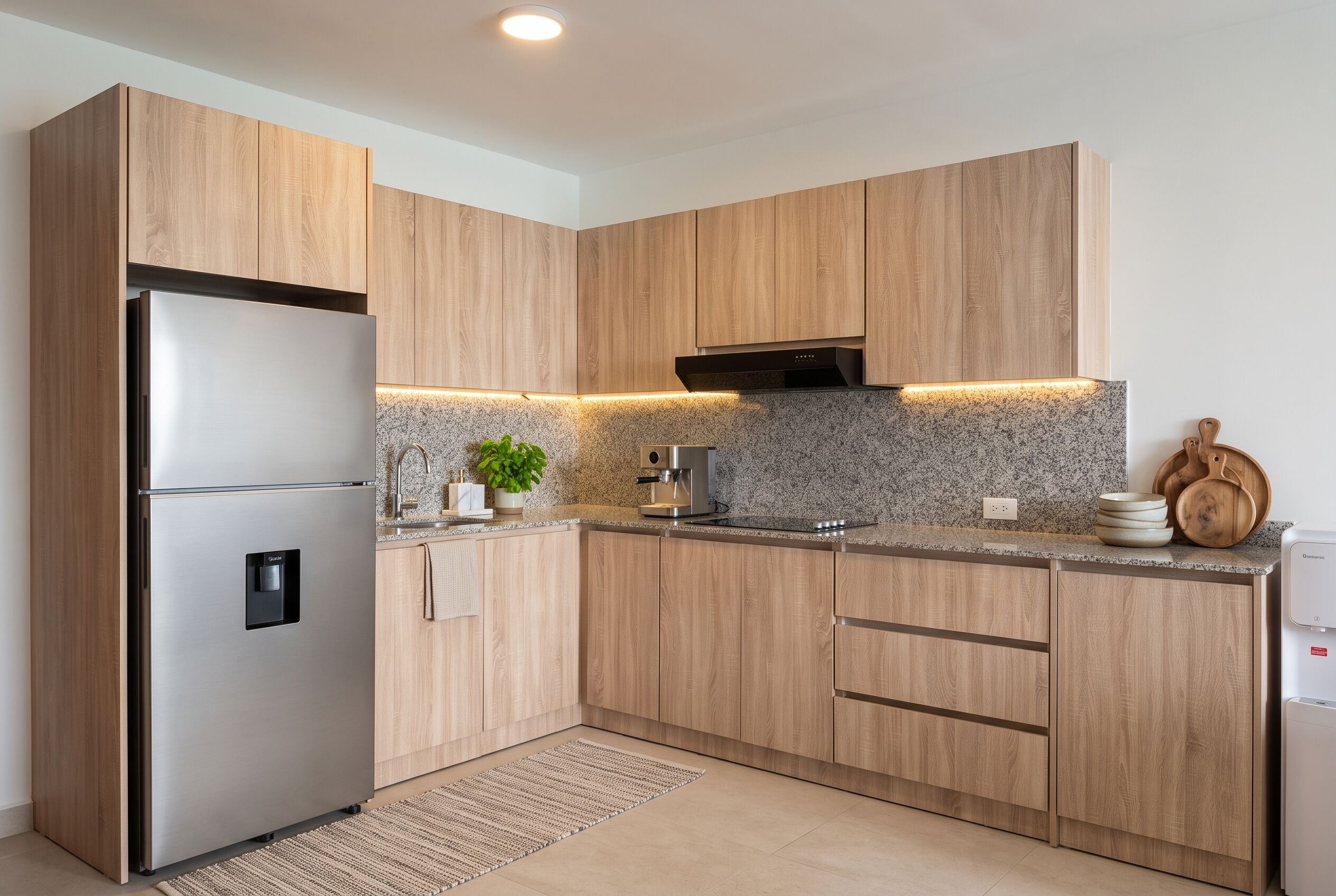 Una cucina moderna con mobili in legno, elettrodomestici in acciaio inossidabile, un piano di lavoro in granito e forno integrato.