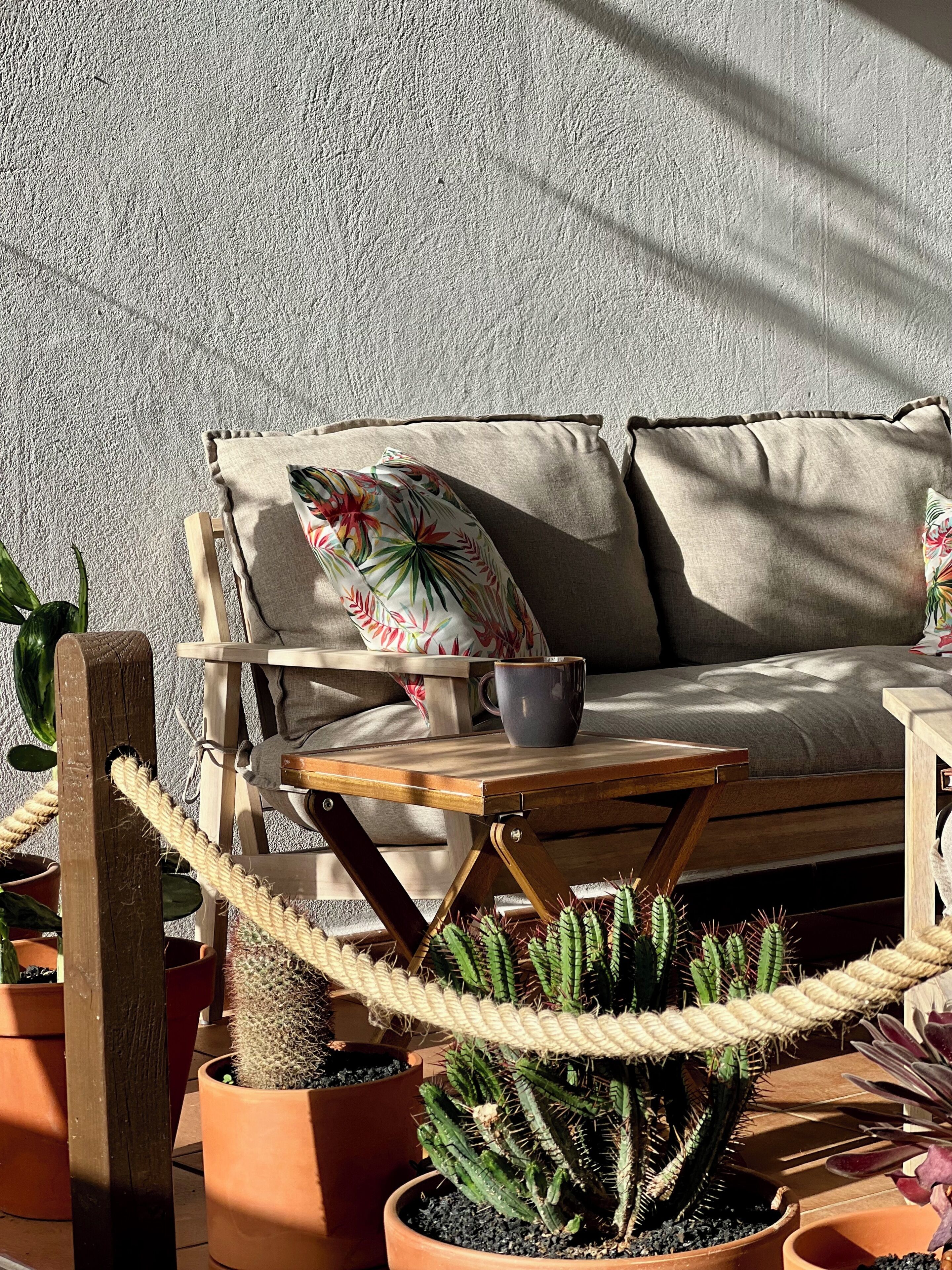 A cozy outdoor seating area with a sofa, a wooden table, and various potted plants including cacti.