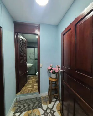 Ein schmaler Flur mit einer Holztür rechts, einem kleinen Hocker mit einem Blumentopf und einem durch die Tür sichtbaren Badezimmer.
