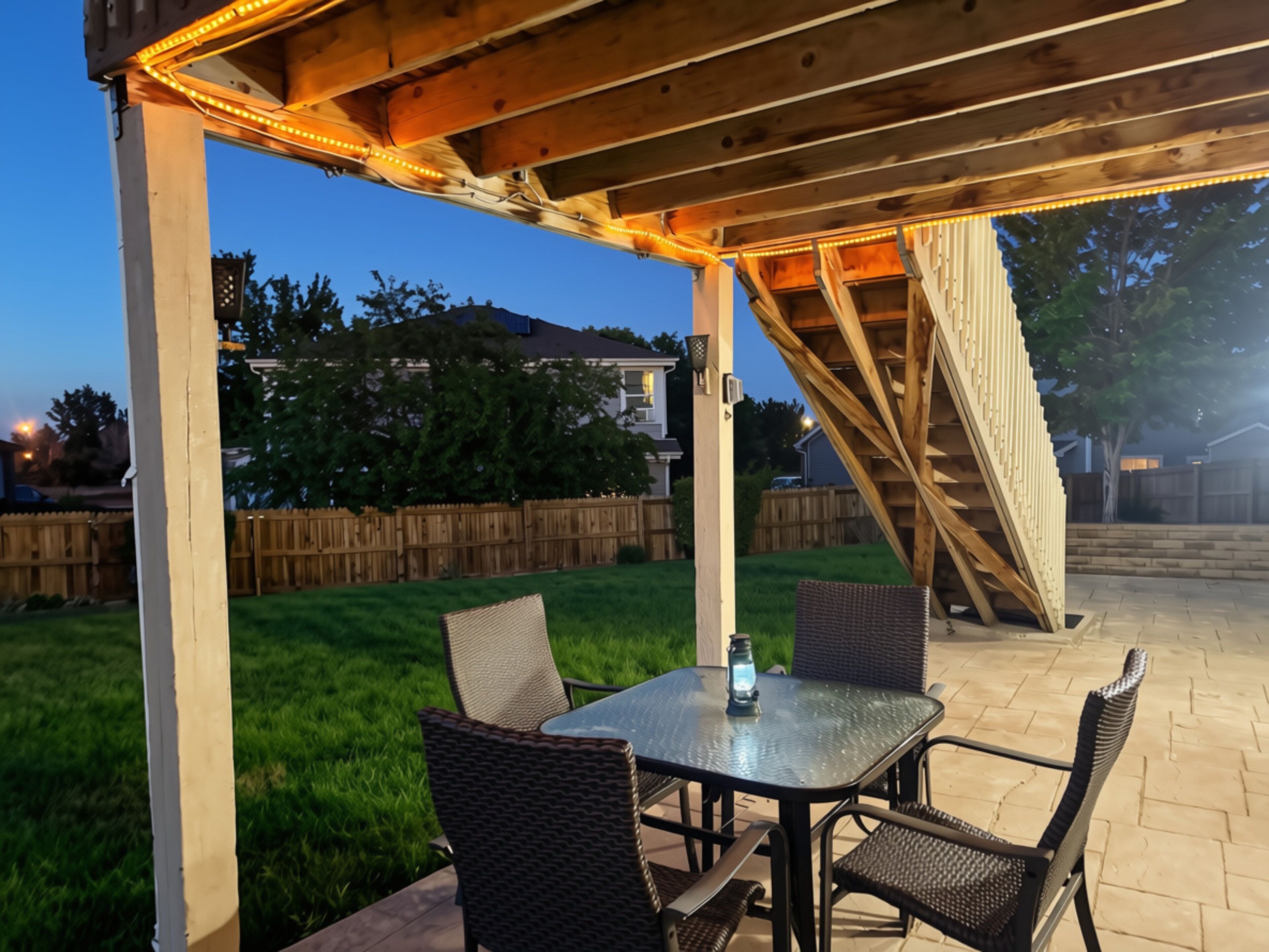 An outdoor patio with a covered seating area, a table, and chairs.