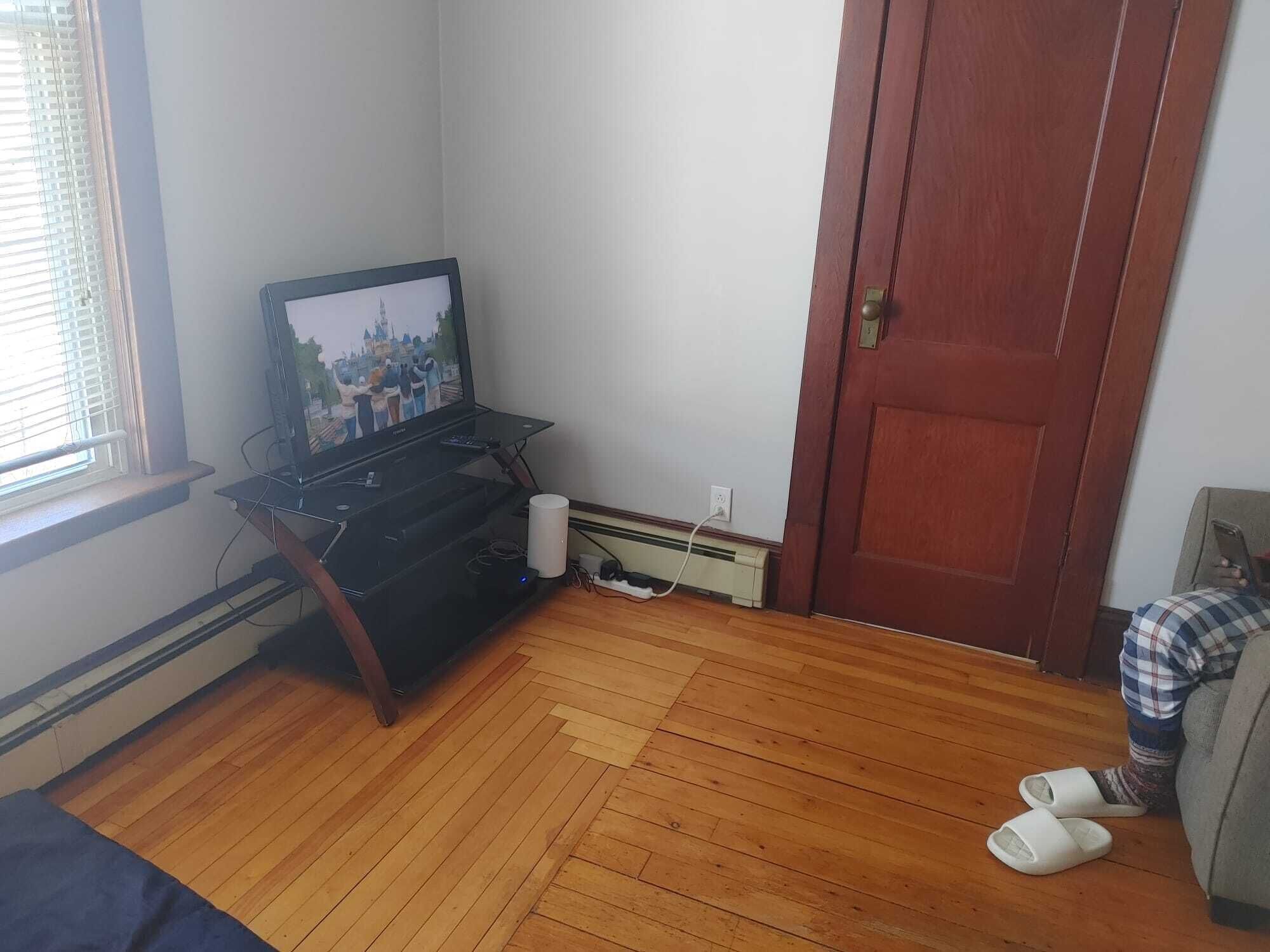 A room with a wooden floor, a television on a stand, a door, and a window with blinds.