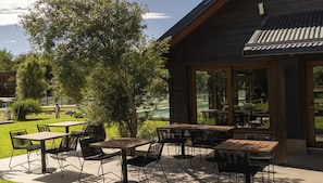 Un espace extérieur aménagé en terrasse, avec des tables et des chaises, un grand arbre et une vue sur un parc.