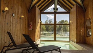 A wooden interior with a large window, two sun loungers, and a visible pool outside. - Lake, Mountains, and Comfort · Cozy and Bright Apartment (San Carlos de Bariloche)