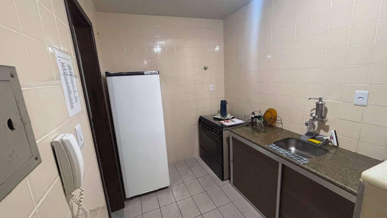 Cocina compacta con refrigerador, lavavajillas y pileta.