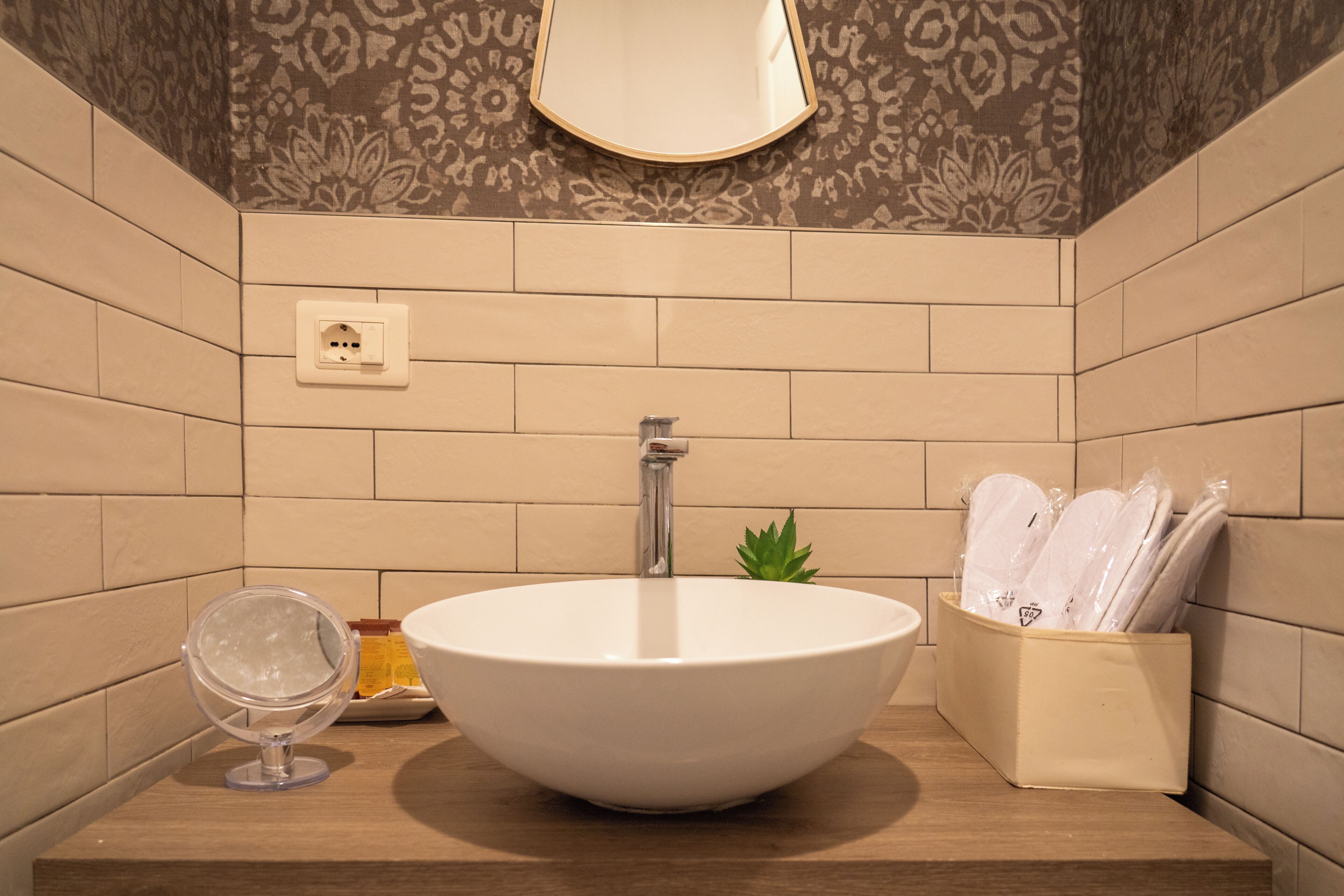 Une salle de bain avec un grand lavabo blanc, un miroir au-dessus et une petite plante verte à côté du lavabo.