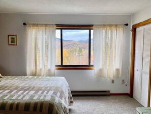 Ein Schlafzimmer mit Bett, Vorhängen am Fenster, Heizkörper und Kleiderschrank.