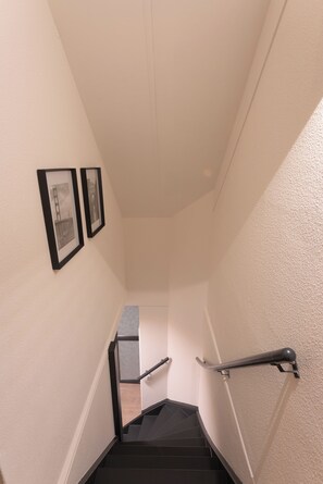 A staircase with a handrail, a door at the bottom, and two framed pictures on the wall.