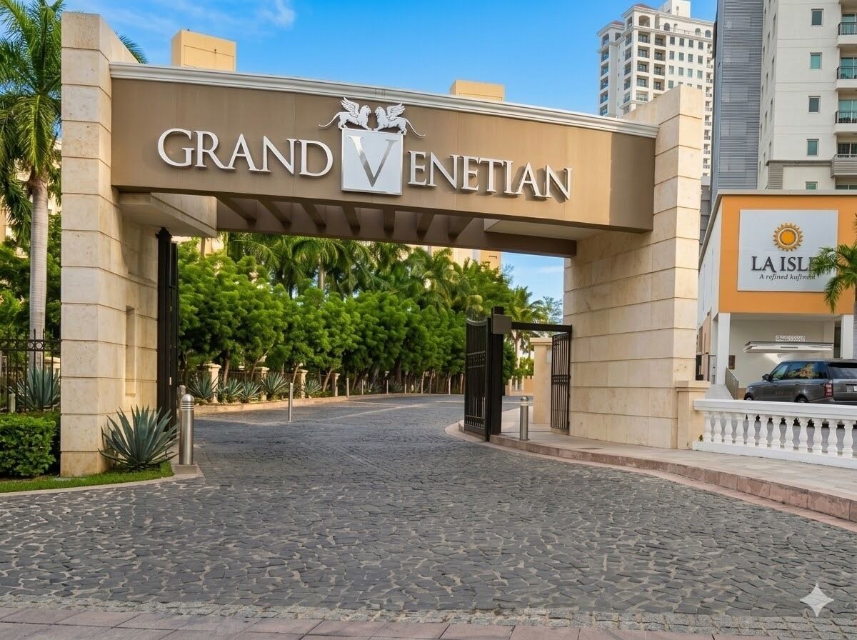 L’entrée d’un hôtel, avec une enseigne indiquant « GRAND VÉNITIEN ».