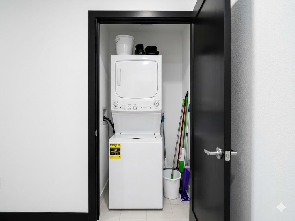 A compact laundry room with a washing machine and dryer, a mop, and a broom.