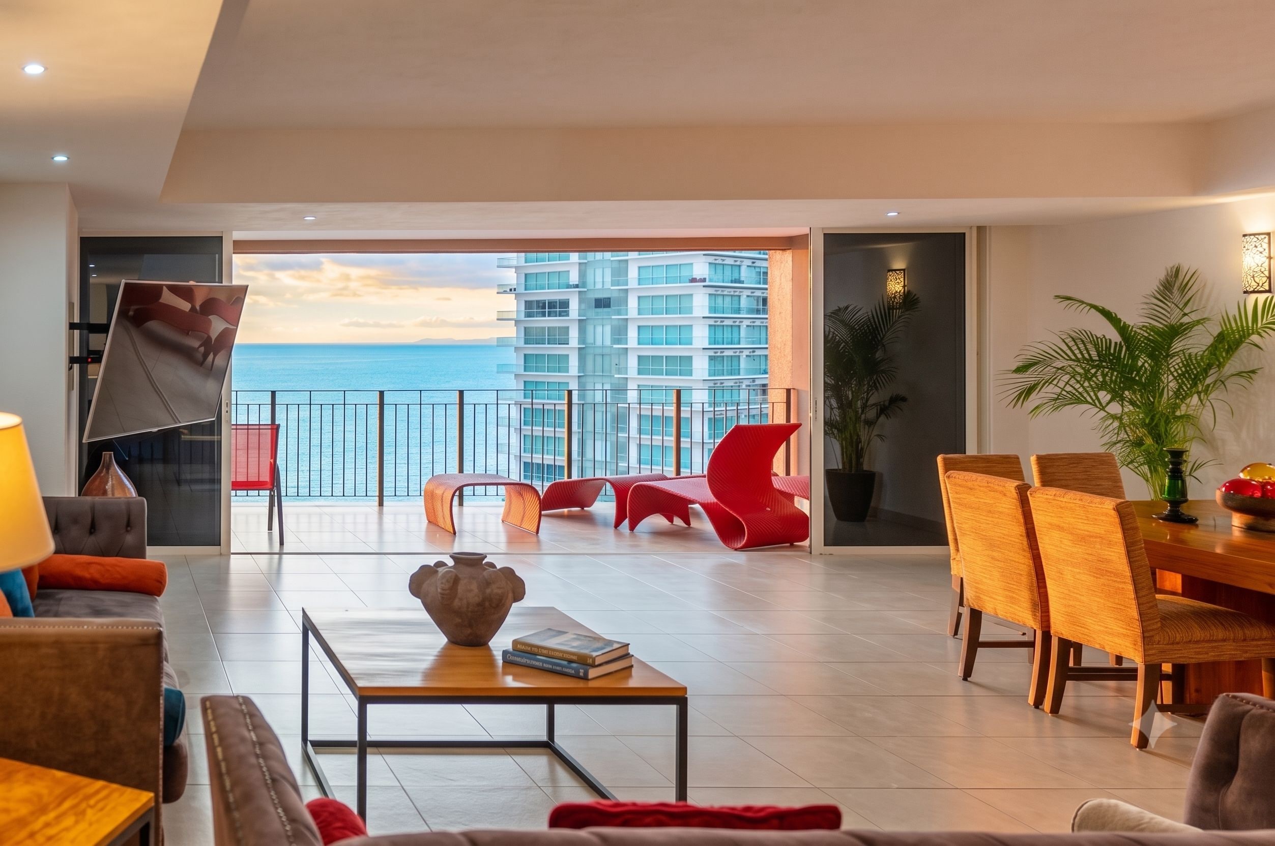 A modern living room with a view of the sea, a dining area with wooden furniture, and a red chair.