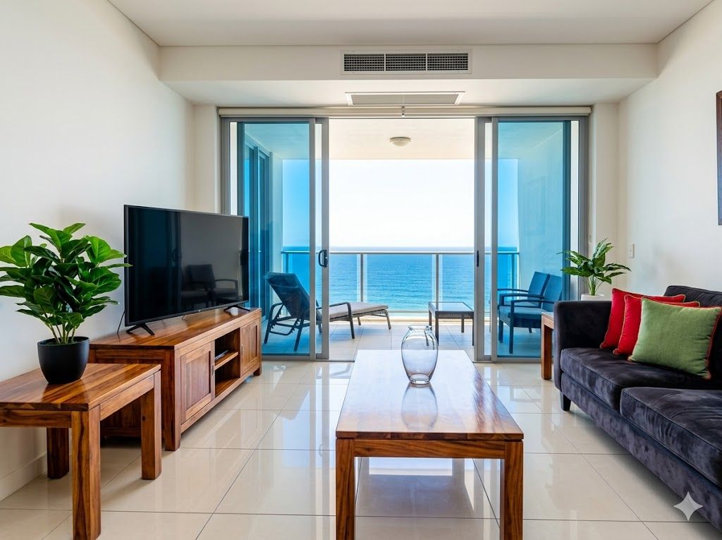 Una sala de estar moderna con televisor de pantalla plana, muebles de madera, una mesa de centro de vidrio y un balcón con vistas al océano.
