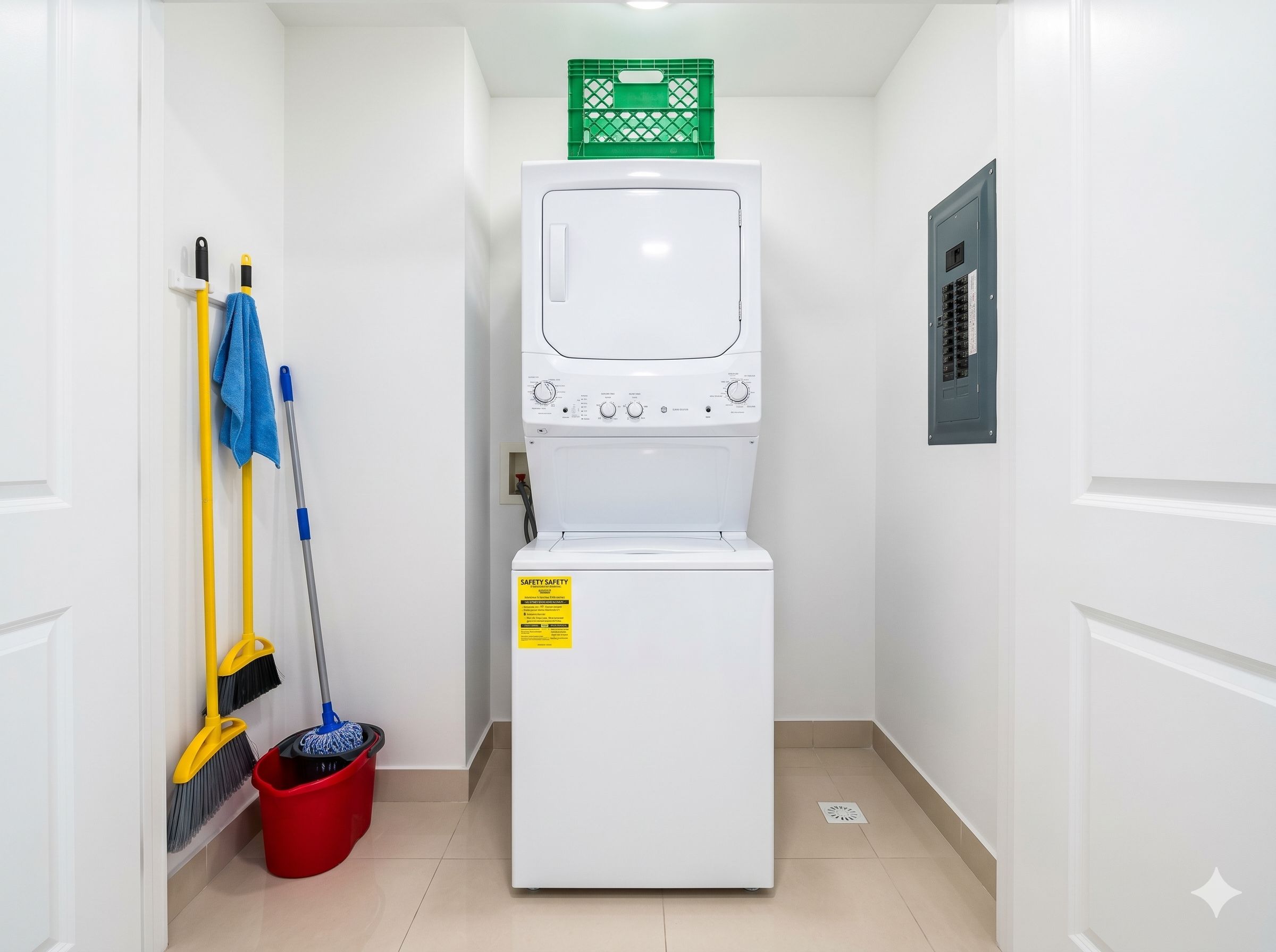 Een kleine wasruimte met een wasmachine en droger, een dweil, een emmer en een veiligheidssignet.
