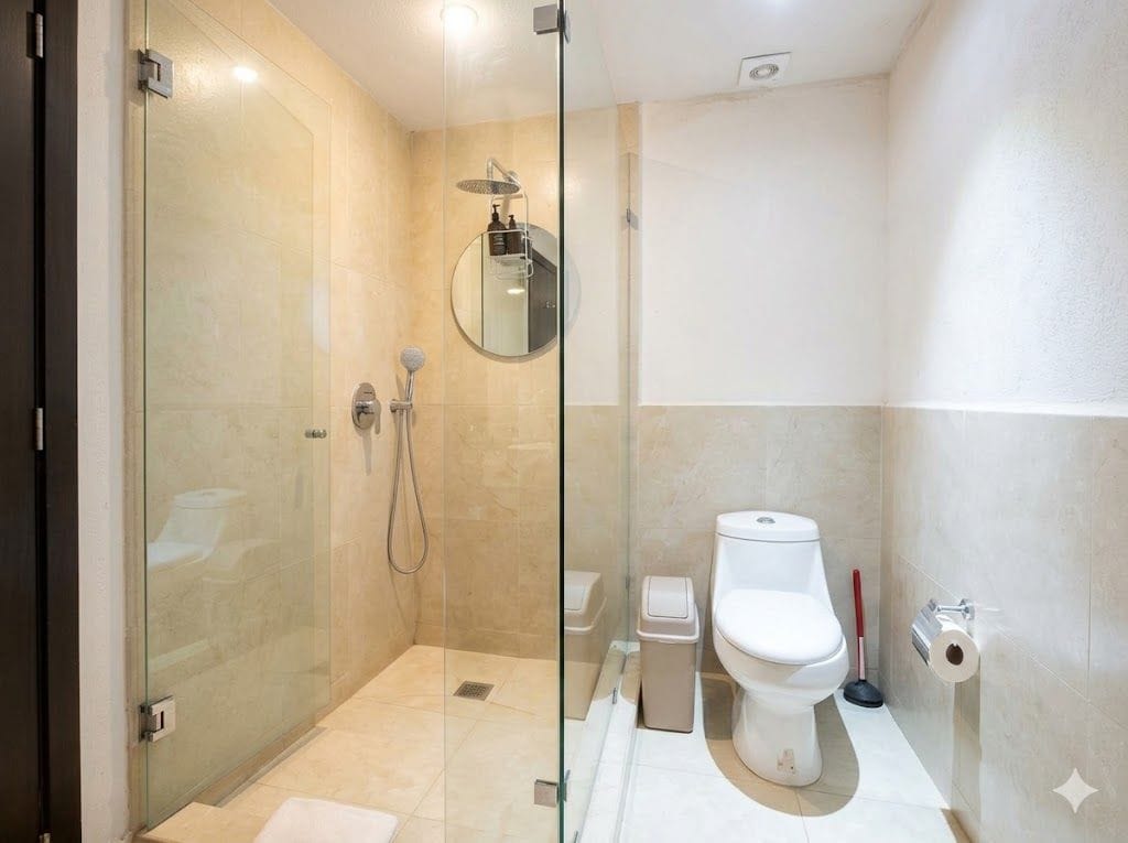 A modern bathroom with a glass-enclosed shower, a toilet, and a bidet.