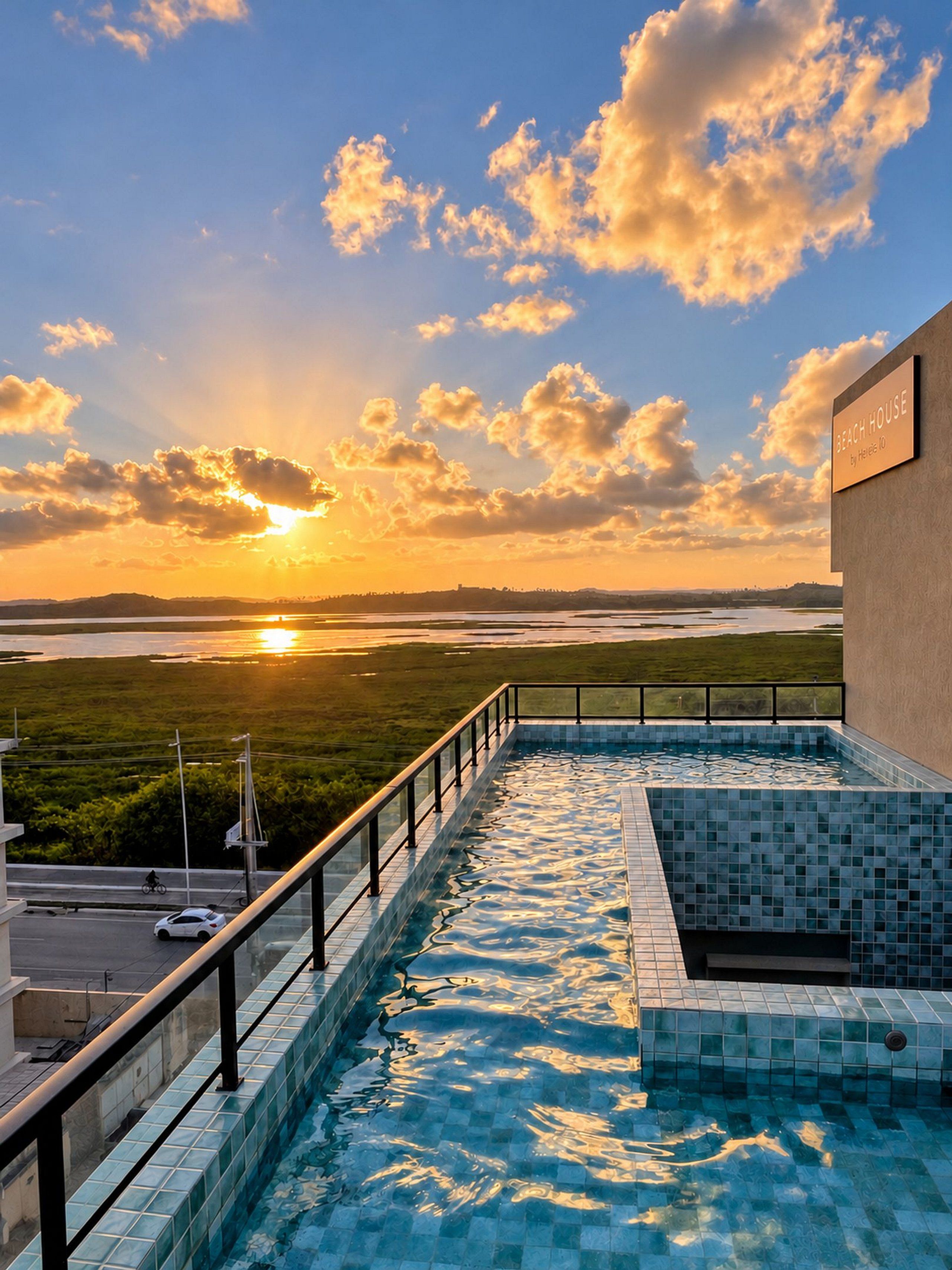 Une piscine à débordement située sur le toit, offrant une vue sur le coucher de soleil au-dessus d’une étendue d’eau.