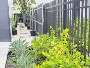 A pathway lined with potted plants and a metal fence.