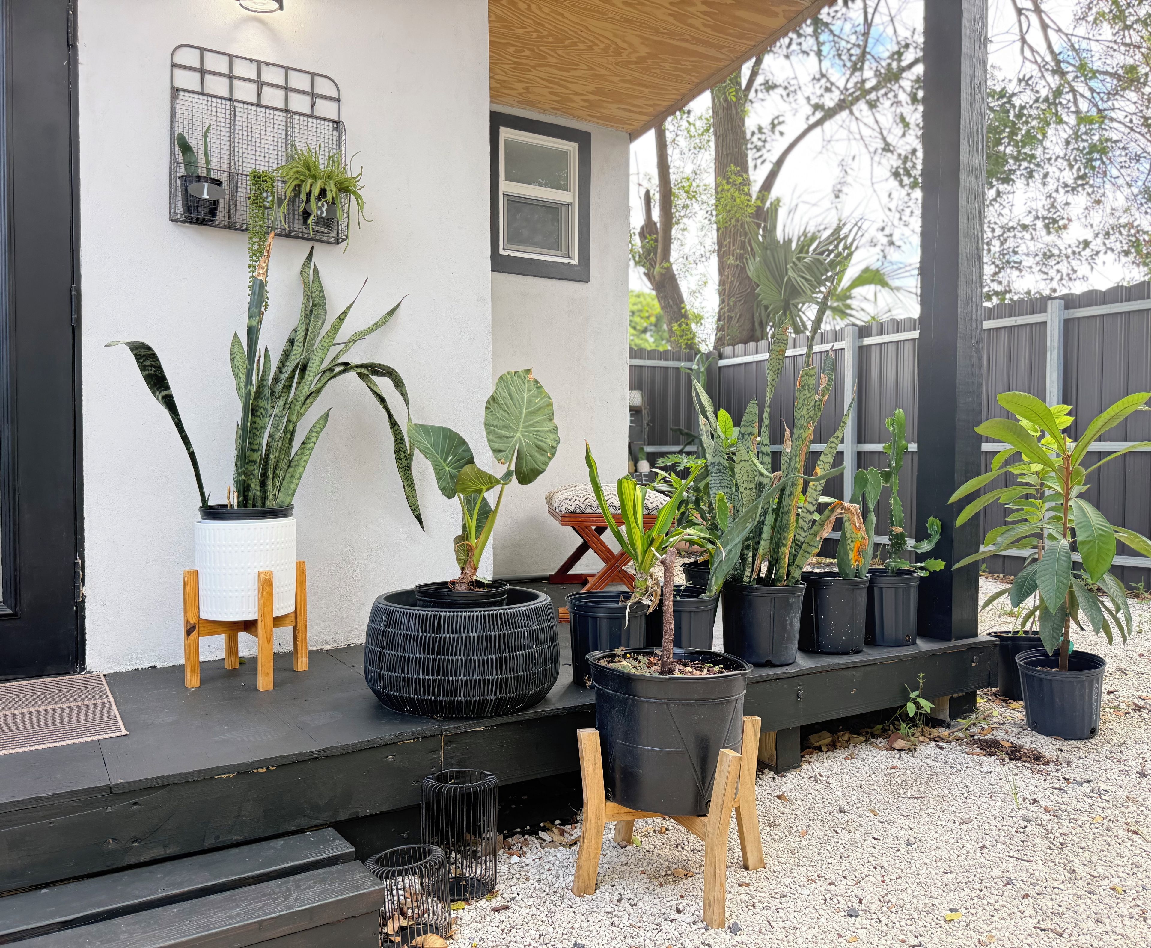 A covered outdoor area with various potted plants, a wooden bench, and a metal rack with hanging plants.