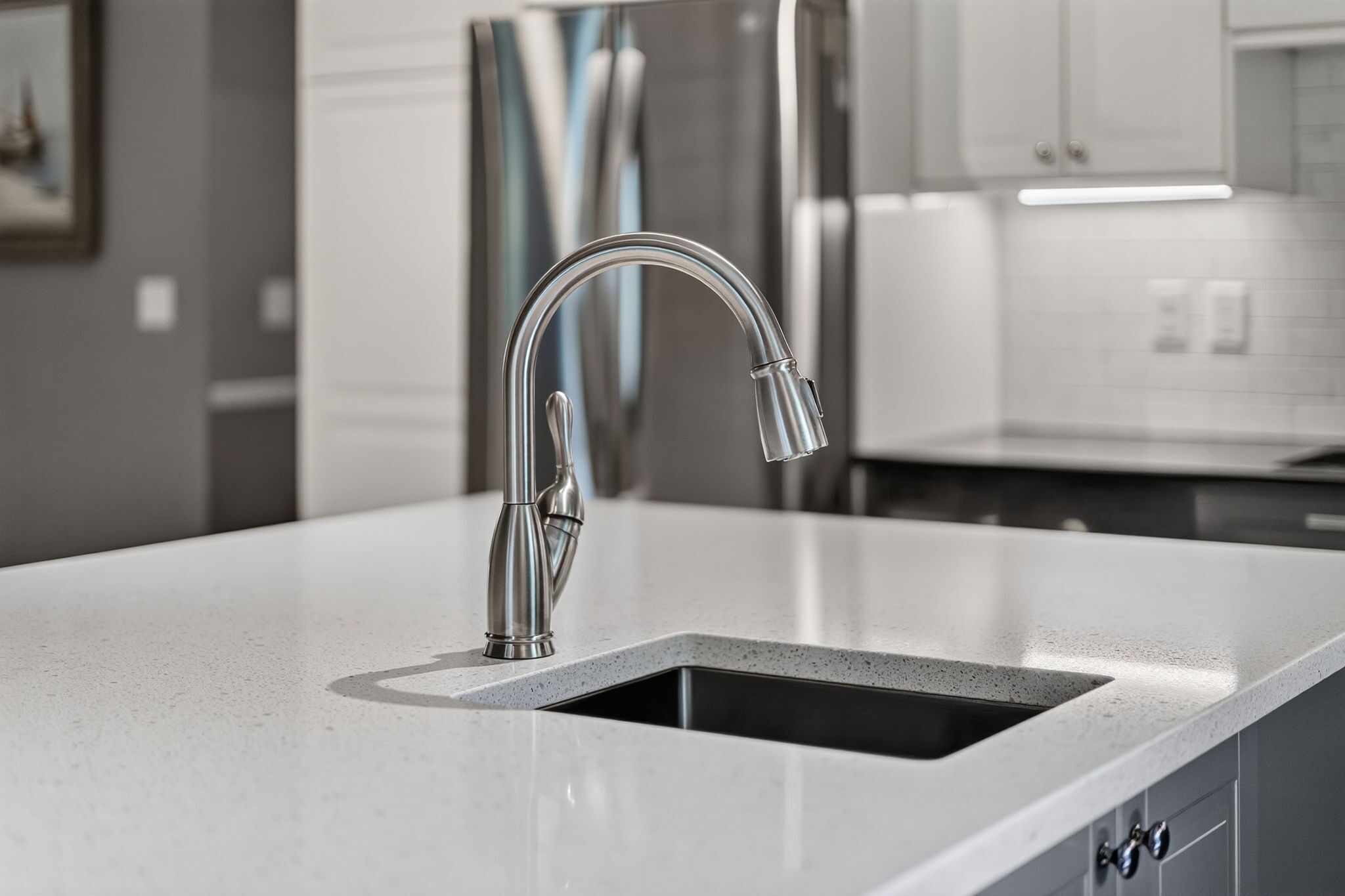 Una cocina moderna con un grifo de acero inoxidable, un lavamanos rectangular y una encimera con vetas.