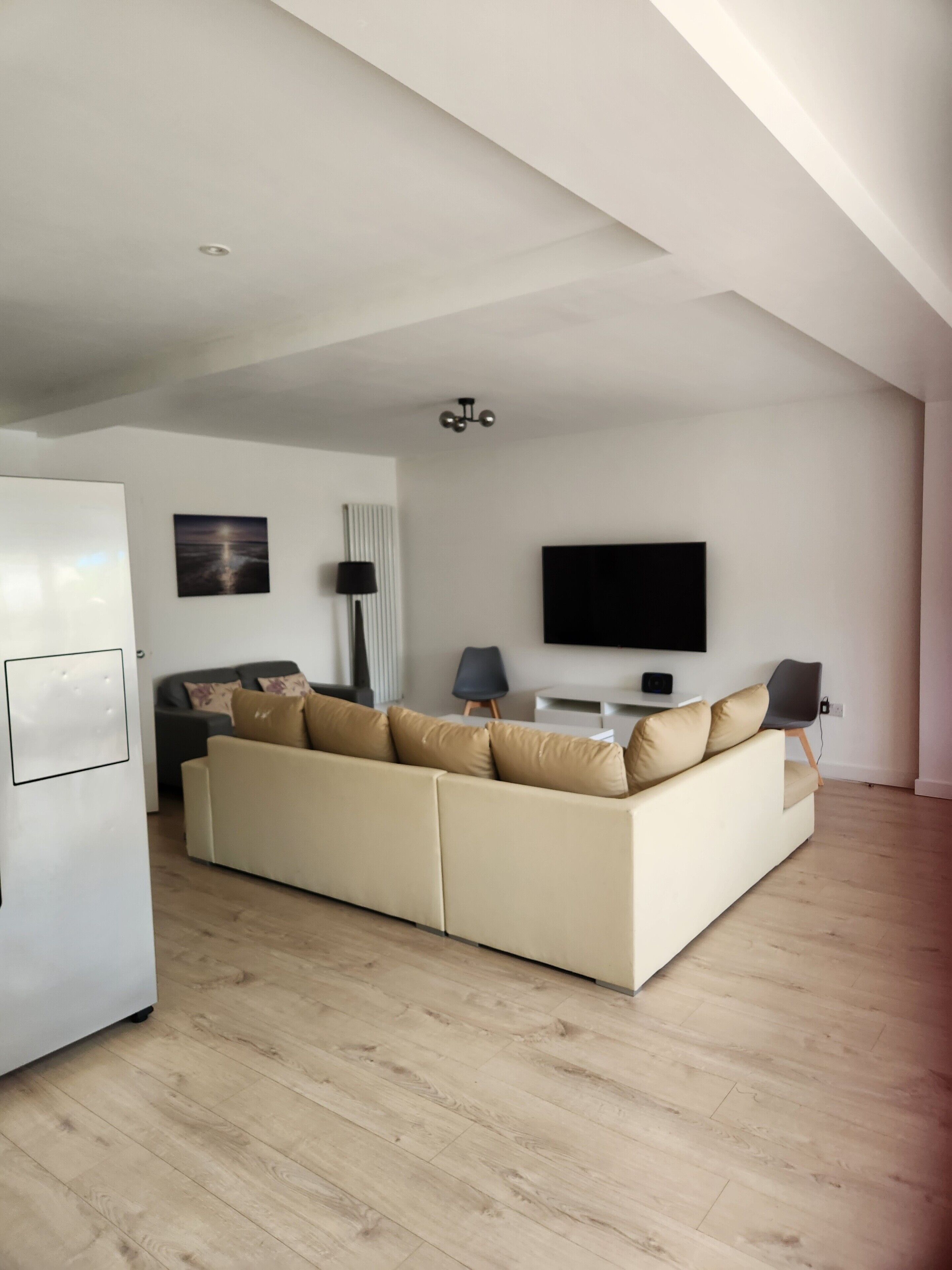 A modern living room with a sofa, a flat-screen TV, and a ceiling light fixture.