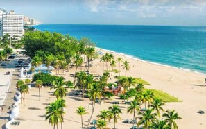 Ein Strand mit Palmen, einem sandigen Ufer und einem klaren blauen Meer.