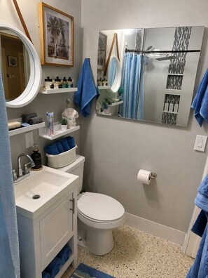 Un bagno con un lavandino bianco, un WC e uno specchio con un quadro incorniciato sopra.