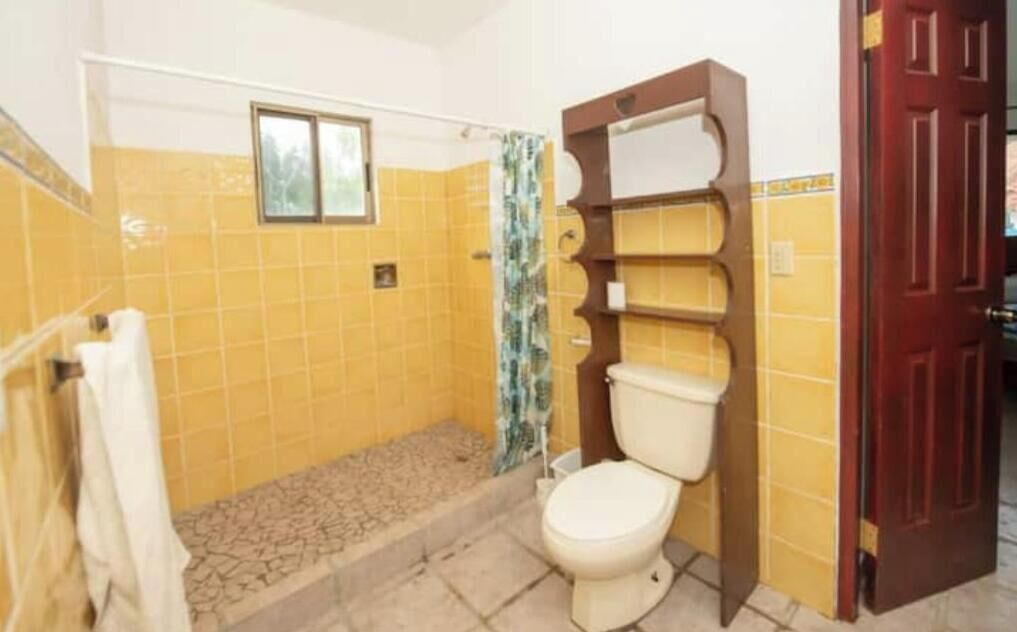 Ein Badezimmer mit gelb gefliesten Wänden, einer weißen Toilette, einer Dusche mit Vorhang und einer Holztür.