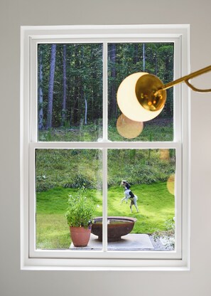 A window with a view of a forest and a dog playing in a yard. - Architect-Designed Retreat on 5 Acres - Serenbe Trail Access and Detached Studio (Newnan)