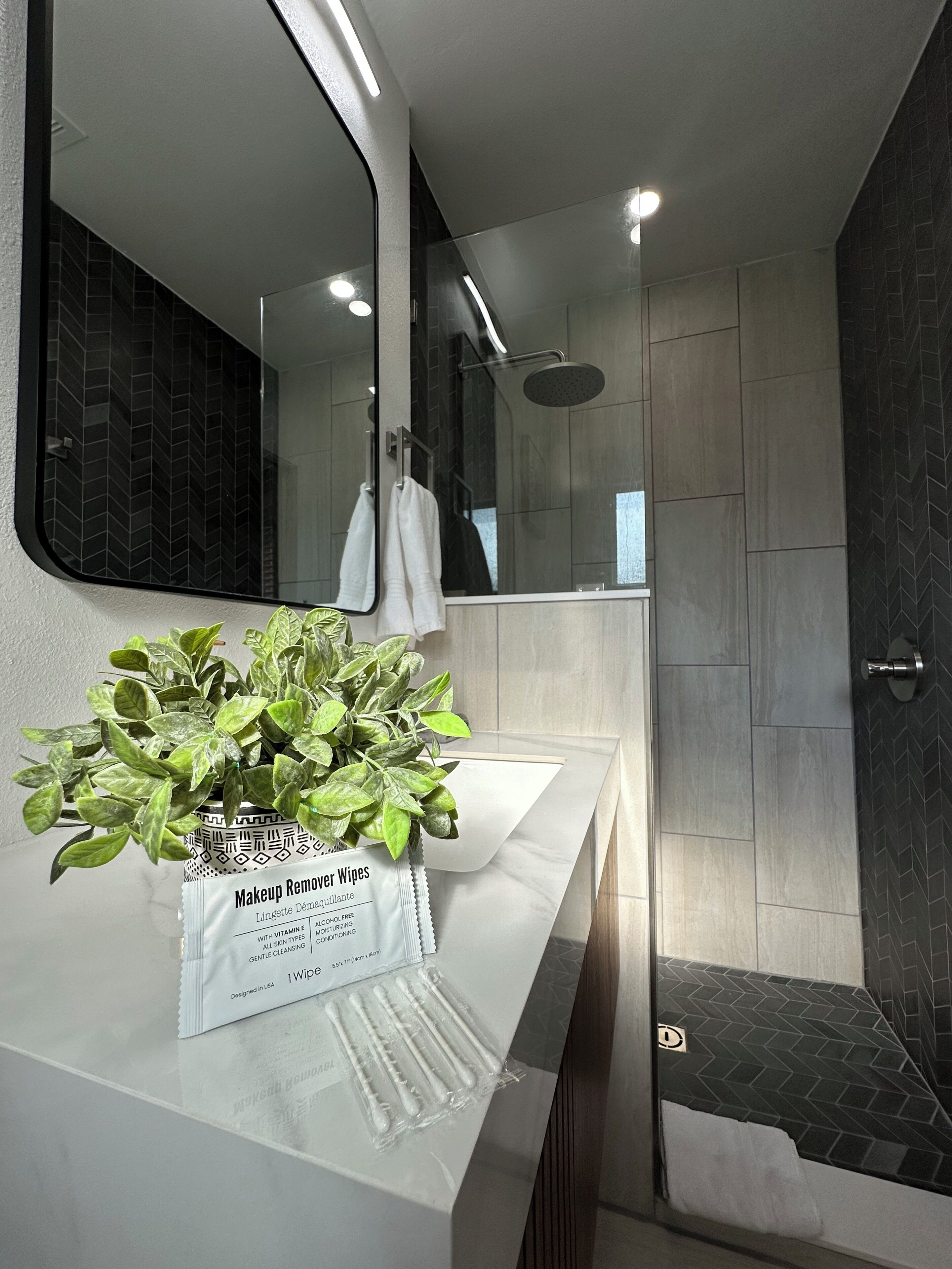 Une salle de bain moderne avec un meuble-lavabo blanc, une plante en pot et un espace douche.