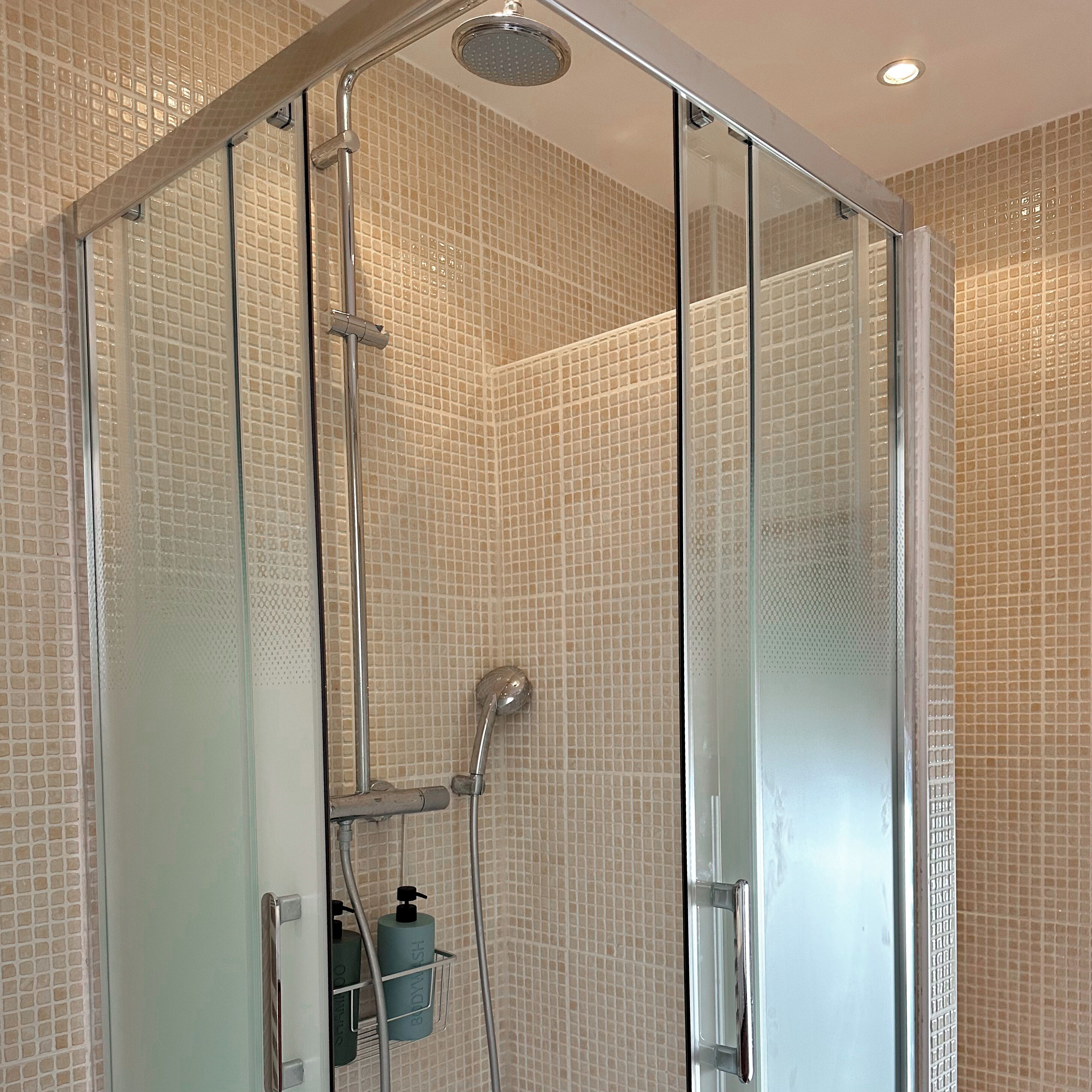 A walk-in glass shower with a handheld showerhead and a wall-mounted faucet.