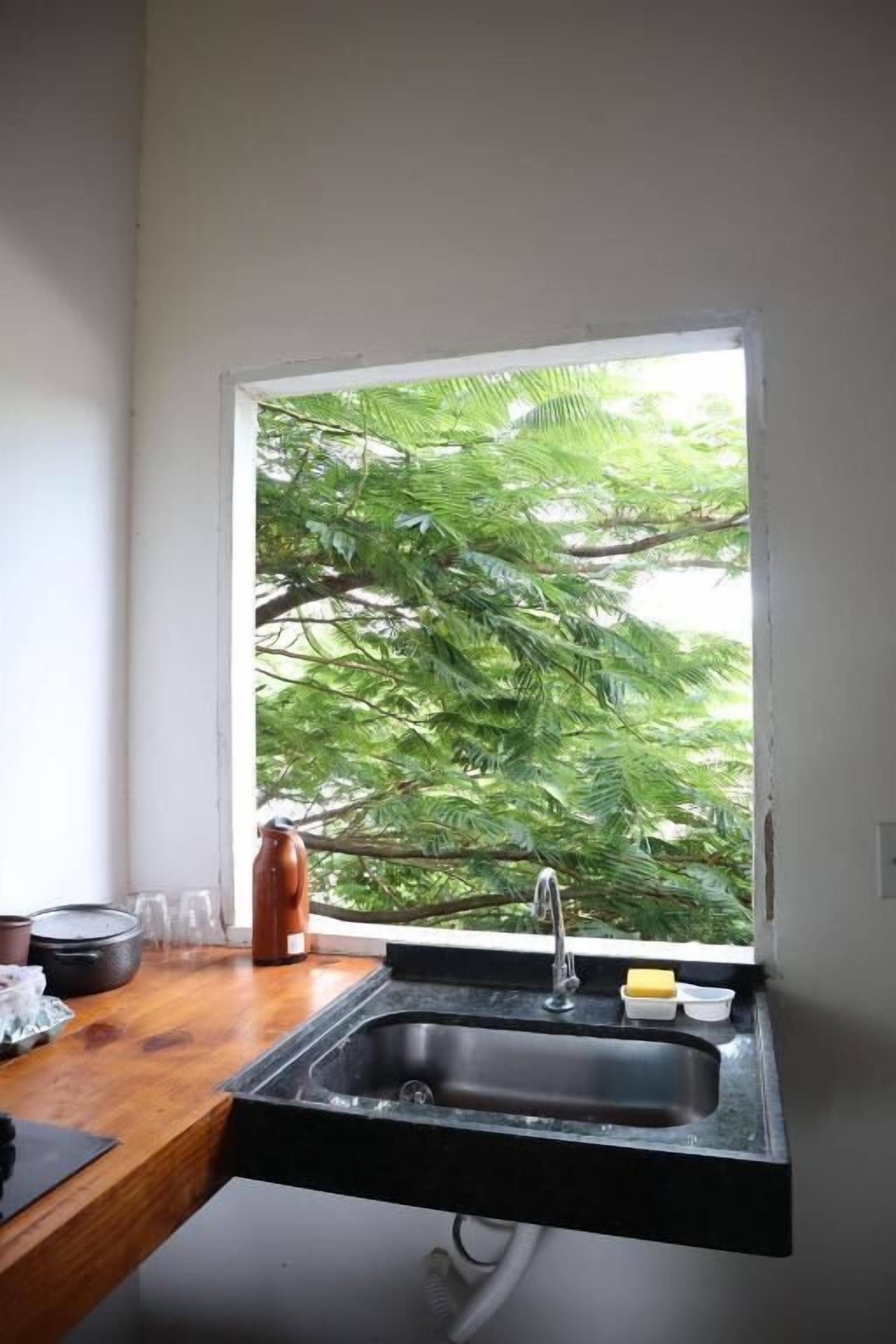 Cuina amb taulell negre, un rentapeus d'acer inoxidable i una finestra amb vista a un arbre.