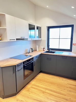 A modern kitchen with a built-in oven, a dishwasher, and a window providing natural light.