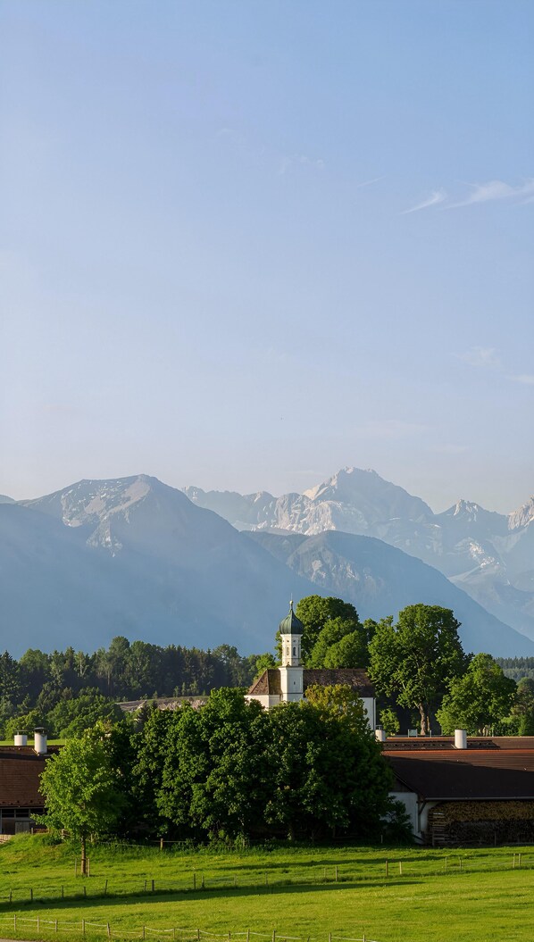 A rural landscape with a church, green fields, and mountains in the background.