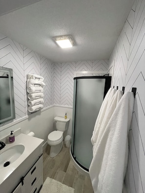 Secadora de cabello, toallas, jabón, papel de baño 