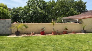 A garden with a low wall, potted plants, and a grassy lawn. - Smart home, EV charging station, air-conditioned, near Cognac, sleeps 6 (Châteaubernard)