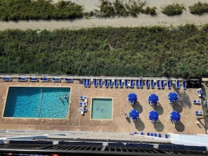 A rooftop pool area with multiple sun loungers and umbrellas, surrounded by greenery.