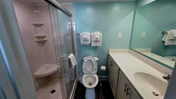 Un baño con ducha de vidrio, inodoro, lavabo y espejo.