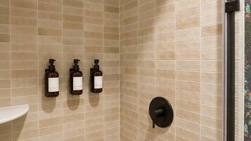 Douche, sèche-cheveux, serviettes fournies, savon