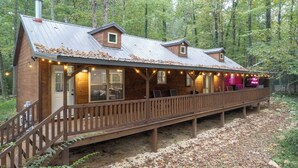 A cabin with a covered deck, a chimney, and a neon sign. - Theater! Sauna! Jacuzzi! Firepit! EV Charger (Cosby)