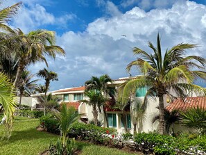 Een hotel met meerdere kamers, een tuin met palmbomen en een heldere lucht.