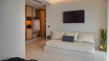Un dormitorio moderno con sofá cama, televisor montado en la pared y vestidor.