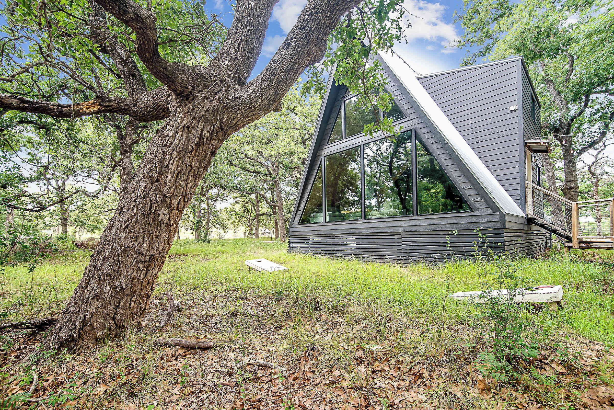 A modern cabin with a sloped roof and large windows, surrounded by trees and grass.