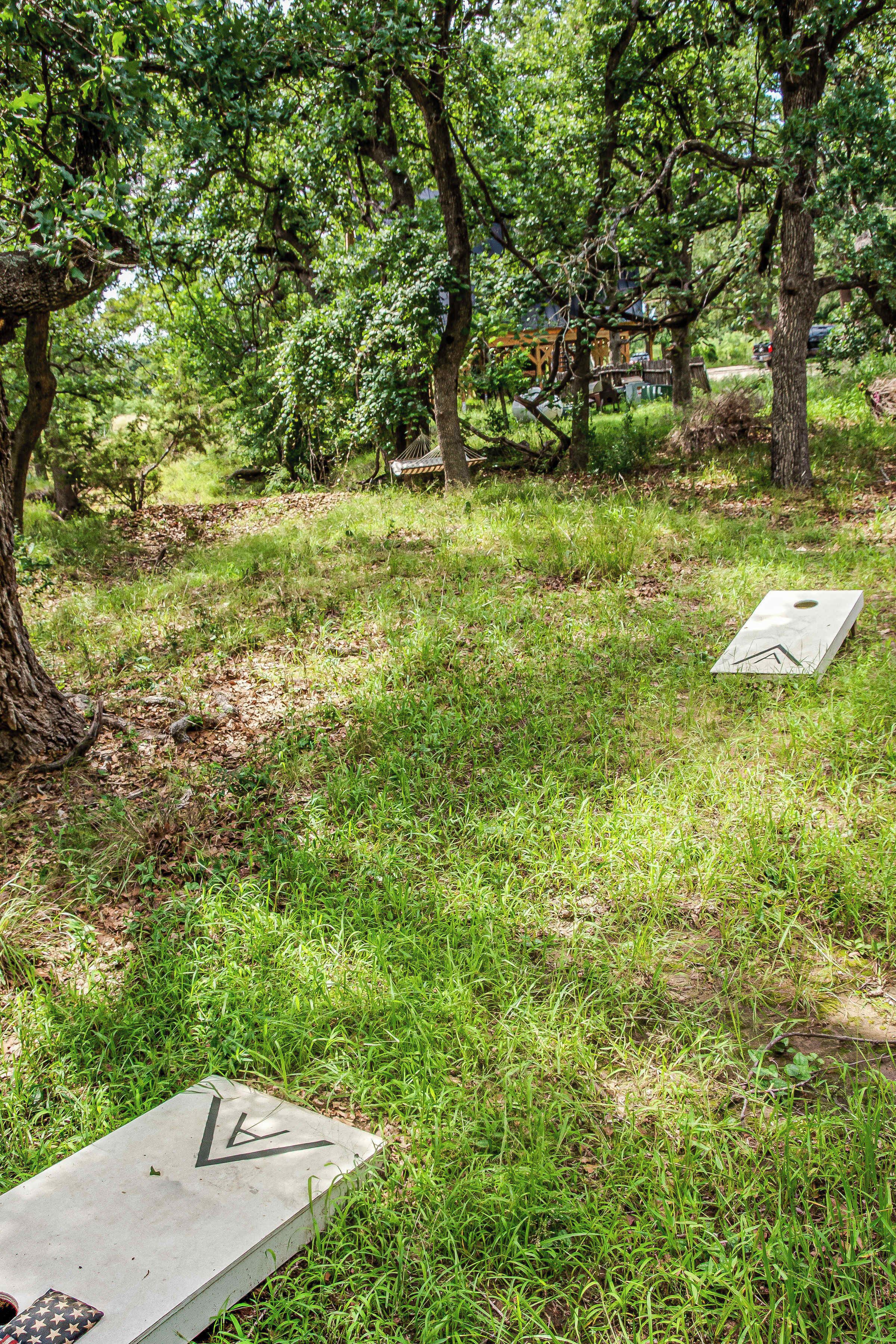 A grassy area with trees and a hammock. There are two metal structures on the ground.