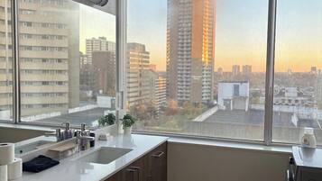 A modern kitchen with a large window, a sink, cabinets, and a view of a cityscape.