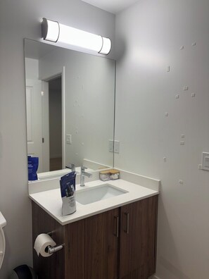 A bathroom with a white sink, a mirror, a toilet, and a roll of toilet paper. - One-Bedroom Executive Stay | Central & Convenient (Edmonton)