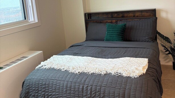 A bedroom with a bed, a world map artwork, a window, and a radiator. - unique small studio apartment close to roger’s (Edmonton)